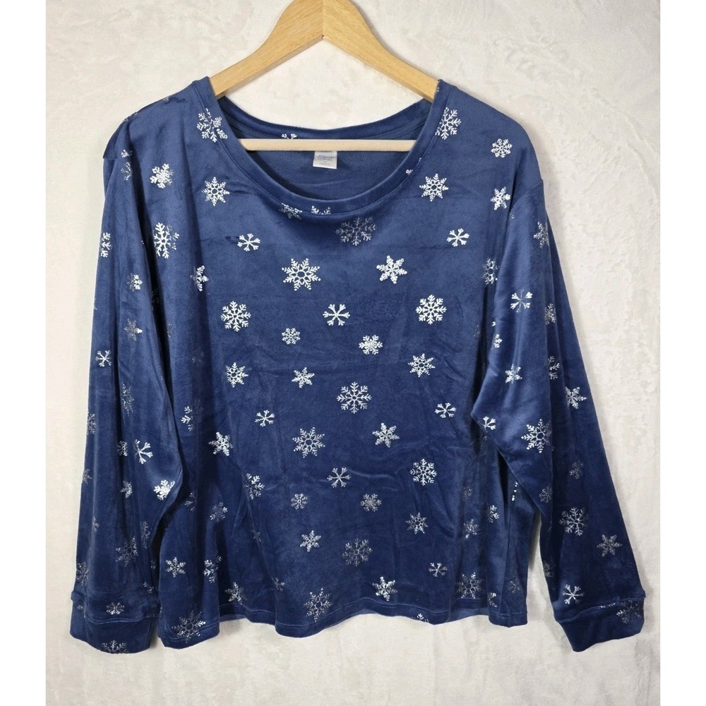 Sleep Chic XL Blue Velour Pajama Set Snowflake Print Long Sleeve Soft Lounge - Picture 3 of 15